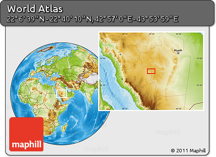 Physical Location Map of the Area around 22° 23' 25" N, 43° 25' 29" E