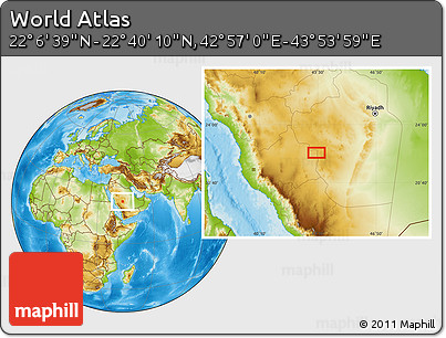Physical Location Map of the Area around 22° 23' 25" N, 43° 25' 29" E