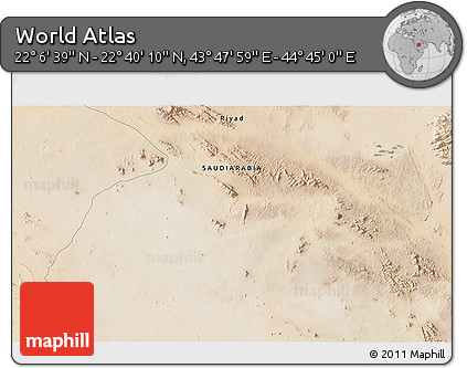 Satellite 3D Map of the Area around 22° 23' 25" N, 44° 16' 29" E