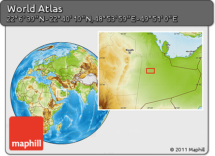 Physical Location Map of the Area around 22° 23' 25" N, 49° 22' 30" E
