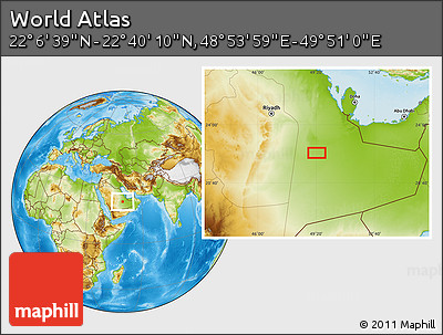 Physical Location Map of the Area around 22° 23' 25" N, 49° 22' 30" E