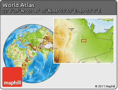 Physical Location Map of the Area around 22° 23' 25" N, 49° 22' 30" E