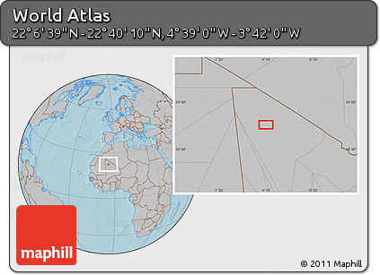 Gray Location Map of the Area around 22° 23' 25" N, 4° 10' 30" W, hill shading