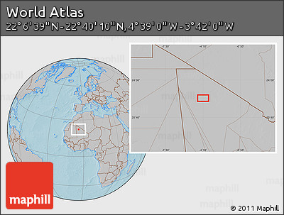 Gray Location Map of the Area around 22° 23' 25" N, 4° 10' 30" W, hill shading
