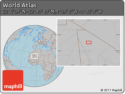 Gray Location Map of the Area around 22° 23' 25" N, 4° 10' 30" W, hill shading