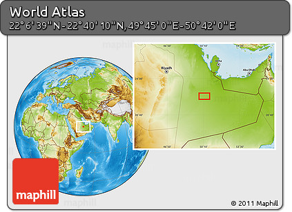 Physical Location Map of the Area around 22° 23' 25" N, 50° 13' 30" E