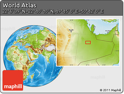 Physical Location Map of the Area around 22° 23' 25" N, 50° 13' 30" E