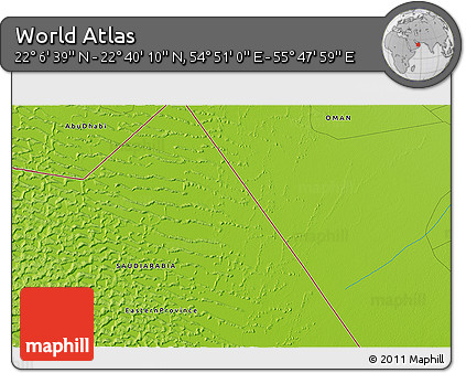Physical 3D Map of the Area around 22° 23' 25" N, 55° 19' 30" E