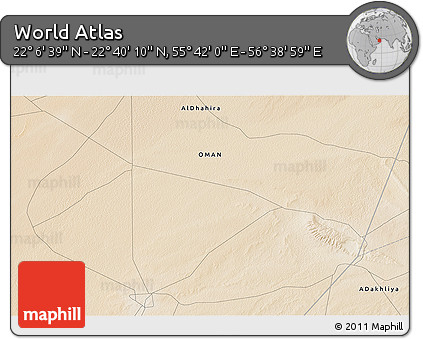 Satellite 3D Map of the Area around 22° 23' 25" N, 56° 10' 29" E
