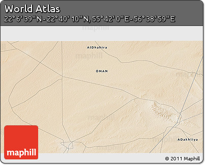 Satellite 3D Map of the Area around 22° 23' 25" N, 56° 10' 29" E
