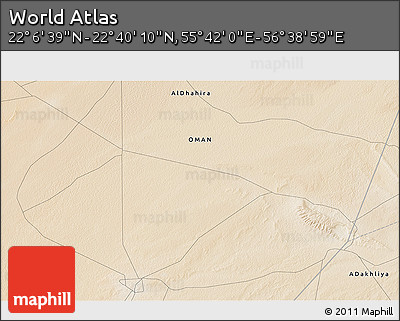 Satellite 3D Map of the Area around 22° 23' 25" N, 56° 10' 29" E