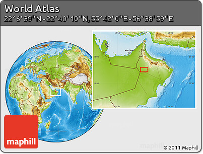 Physical Location Map of the Area around 22° 23' 25" N, 56° 10' 29" E