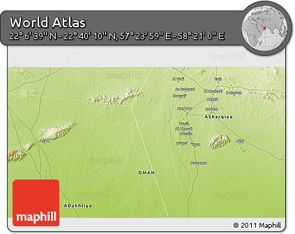 Physical 3D Map of the Area around 22° 23' 25" N, 57° 52' 30" E