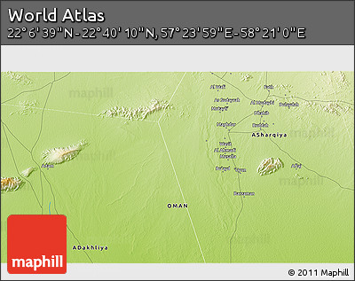 Physical 3D Map of the Area around 22° 23' 25" N, 57° 52' 30" E