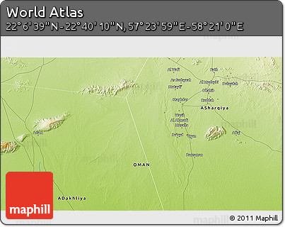Physical 3D Map of the Area around 22° 23' 25" N, 57° 52' 30" E