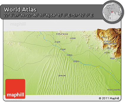 Physical 3D Map of the Area around 22° 23' 25" N, 58° 43' 30" E