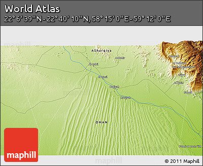 Physical 3D Map of the Area around 22° 23' 25" N, 58° 43' 30" E