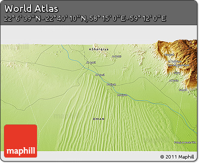 Physical 3D Map of the Area around 22° 23' 25" N, 58° 43' 30" E