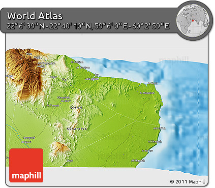 Physical 3D Map of the Area around 22° 23' 25" N, 59° 34' 30" E