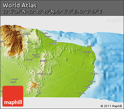 Physical 3D Map of the Area around 22° 23' 25" N, 59° 34' 30" E