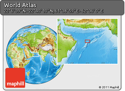 Physical Location Map of the Area around 22° 23' 25" N, 62° 7' 30" E