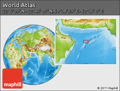 Physical Location Map of the Area around 22° 23' 25" N, 62° 7' 30" E
