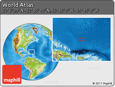 Physical Location Map of the Area around 22° 23' 25" N, 66° 13' 29" W