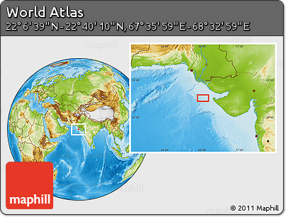 Physical Location Map of the Area around 22° 23' 25" N, 68° 4' 29" E