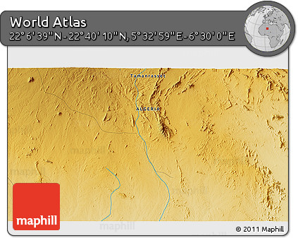 Physical 3D Map of the Area around 22° 23' 25" N, 6° 1' 30" E