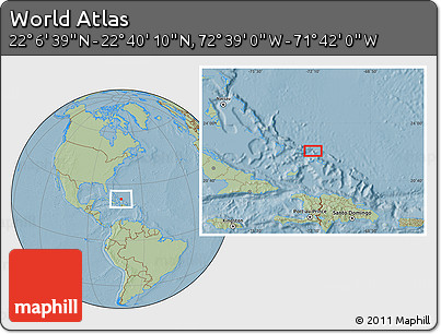 Savanna Style Location Map of the Area around 22° 23' 25" N, 72° 10' 30" W, hill shading