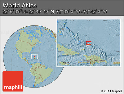 Savanna Style Location Map of the Area around 22° 23' 25" N, 72° 10' 30" W, hill shading