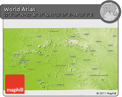 Physical 3D Map of the Area around 22° 23' 25" N, 74° 1' 30" E