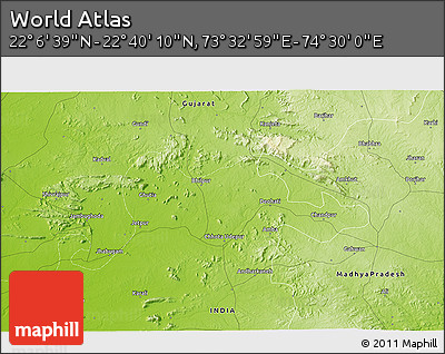 Physical 3D Map of the Area around 22° 23' 25" N, 74° 1' 30" E