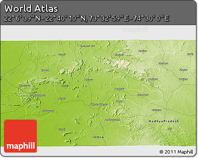 Physical 3D Map of the Area around 22° 23' 25" N, 74° 1' 30" E