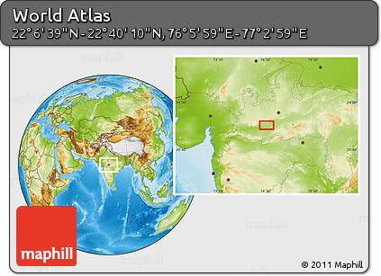 Physical Location Map of the Area around 22° 23' 25" N, 76° 34' 29" E
