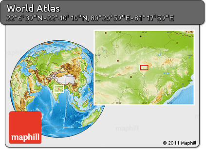 Physical Location Map of the Area around 22° 23' 25" N, 80° 49' 29" E