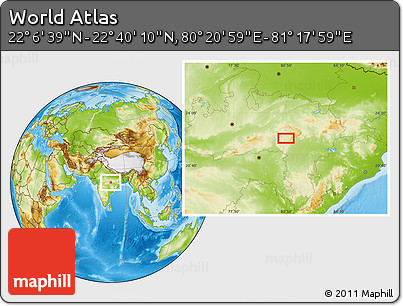 Physical Location Map of the Area around 22° 23' 25" N, 80° 49' 29" E