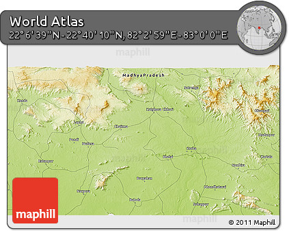 Physical 3D Map of the Area around 22° 23' 25" N, 82° 31' 30" E