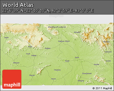 Physical 3D Map of the Area around 22° 23' 25" N, 82° 31' 30" E