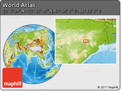 Physical Location Map of the Area around 22° 23' 25" N, 84° 13' 29" E