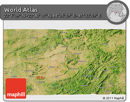 Satellite 3D Map of the Area around 22° 23' 25" N, 85° 4' 29" E
