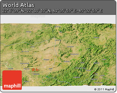 Satellite 3D Map of the Area around 22° 23' 25" N, 85° 4' 29" E