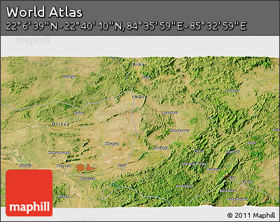 Satellite 3D Map of the Area around 22° 23' 25" N, 85° 4' 29" E