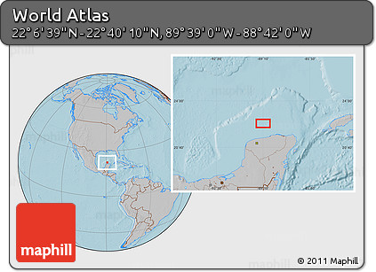 Gray Location Map of the Area around 22° 23' 25" N, 89° 10' 30" W, hill shading