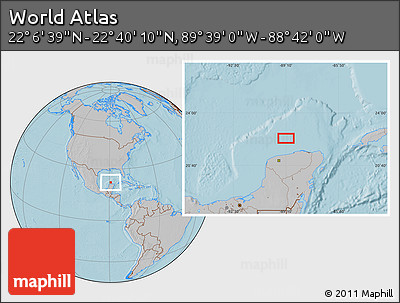 Gray Location Map of the Area around 22° 23' 25" N, 89° 10' 30" W, hill shading