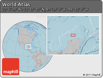 Gray Location Map of the Area around 22° 23' 25" N, 89° 10' 30" W, hill shading