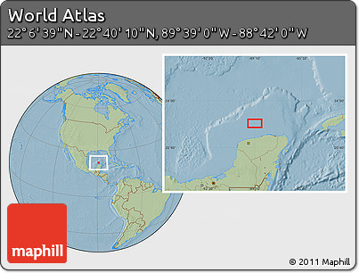 Savanna Style Location Map of the Area around 22° 23' 25" N, 89° 10' 30" W, hill shading