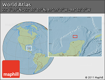 Savanna Style Location Map of the Area around 22° 23' 25" N, 89° 10' 30" W, hill shading