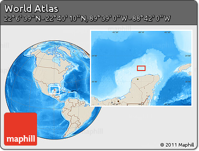 Shaded Relief Location Map of the Area around 22° 23' 25" N, 89° 10' 30" W