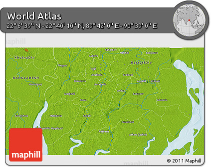 Physical 3D Map of the Area around 22° 23' 25" N, 90° 10' 30" E